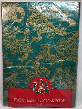 Town & Country Christmas TABLECLOTH 60" Round Flannel Back Vinyl Green Gold NOS